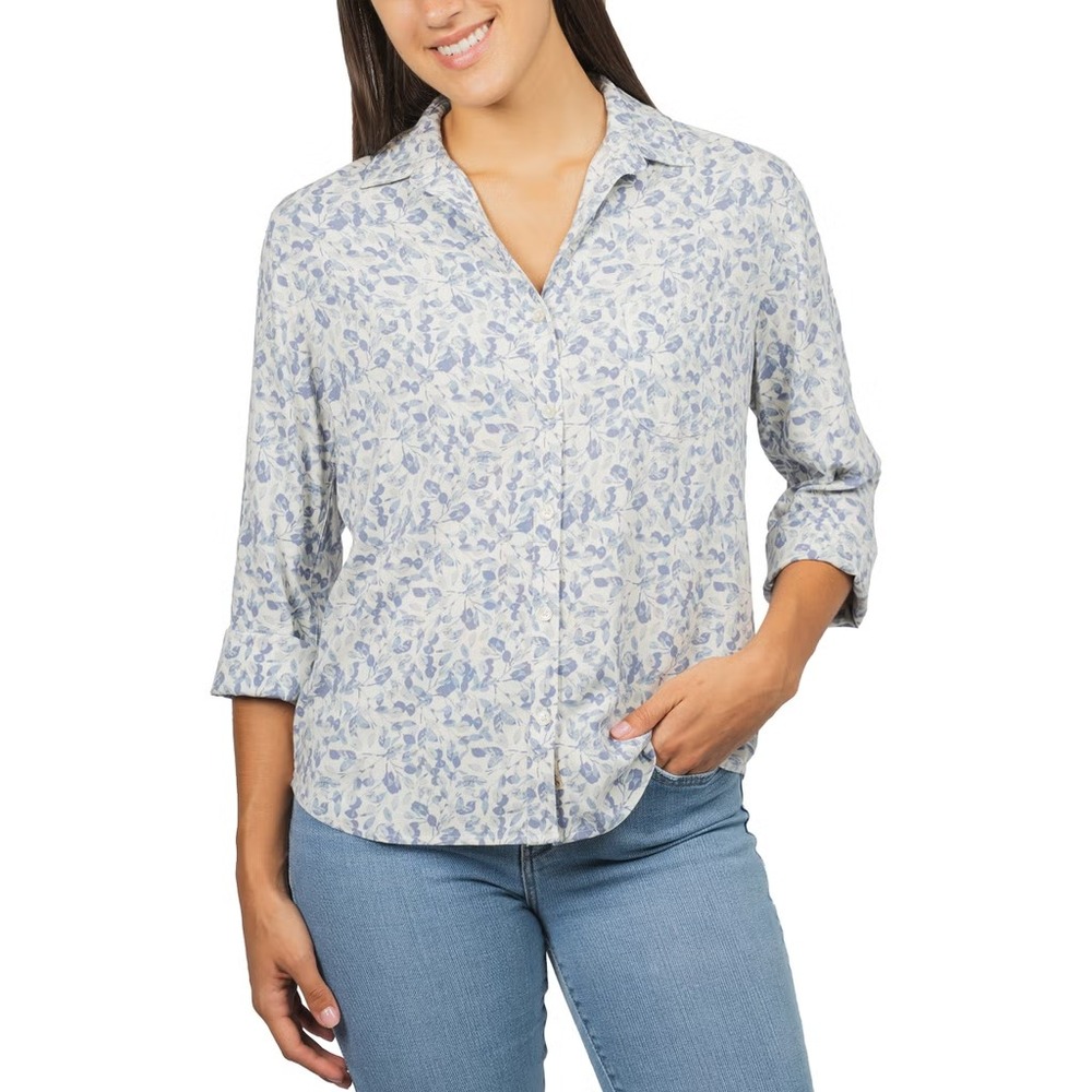 Jachs Girlfriend Womens 3/4 Sleeve Button Up Shirt Blue Floral XL New